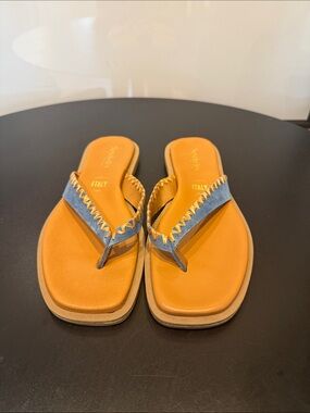 Seychelles Tan and Blue Leather Thong Sandals